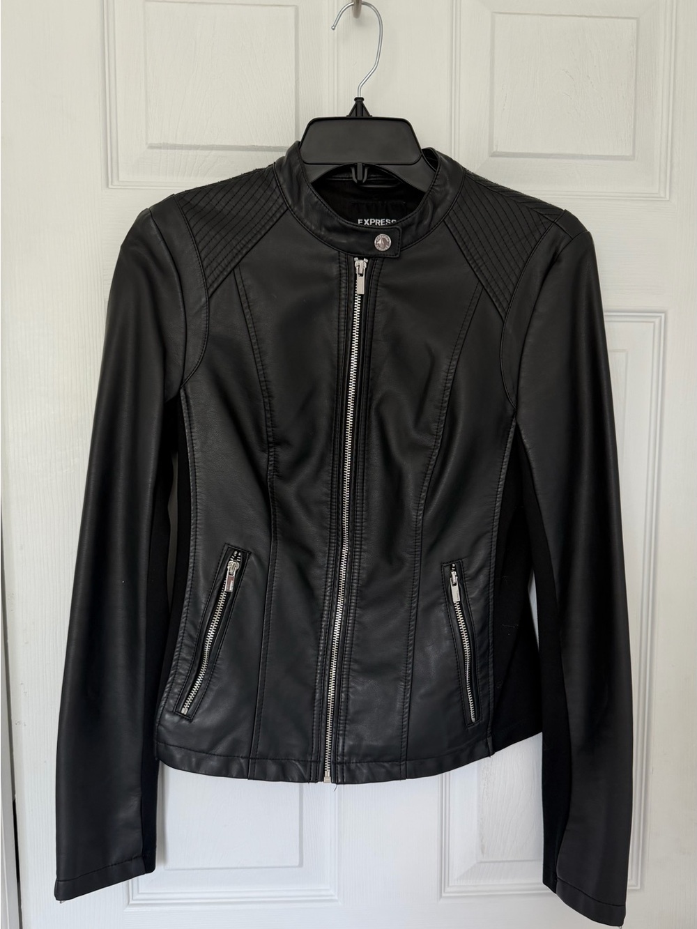 Express Black FAUX Leather Moto Jacket with Zip Pockets & silver hardware
